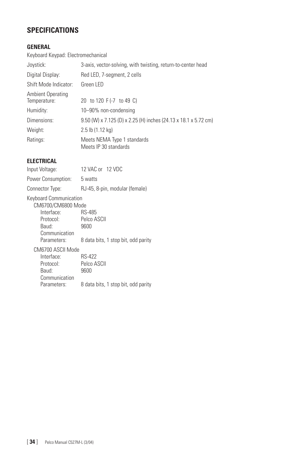 Specifications | Pelco Universal Keyboard KBD300A User Manual | Page 34 / 40