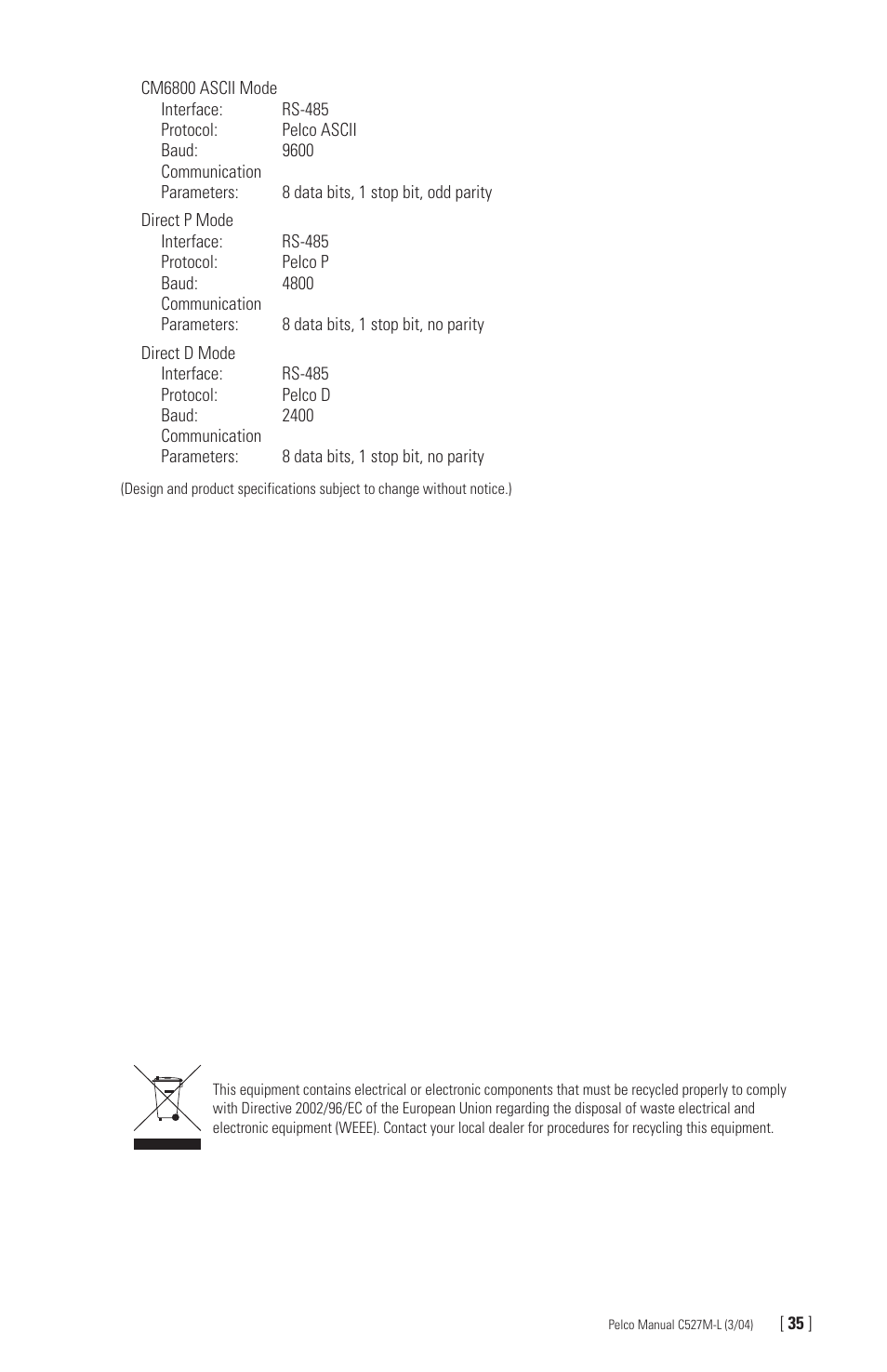 Pelco Universal Keyboard KBD300A User Manual | Page 35 / 40