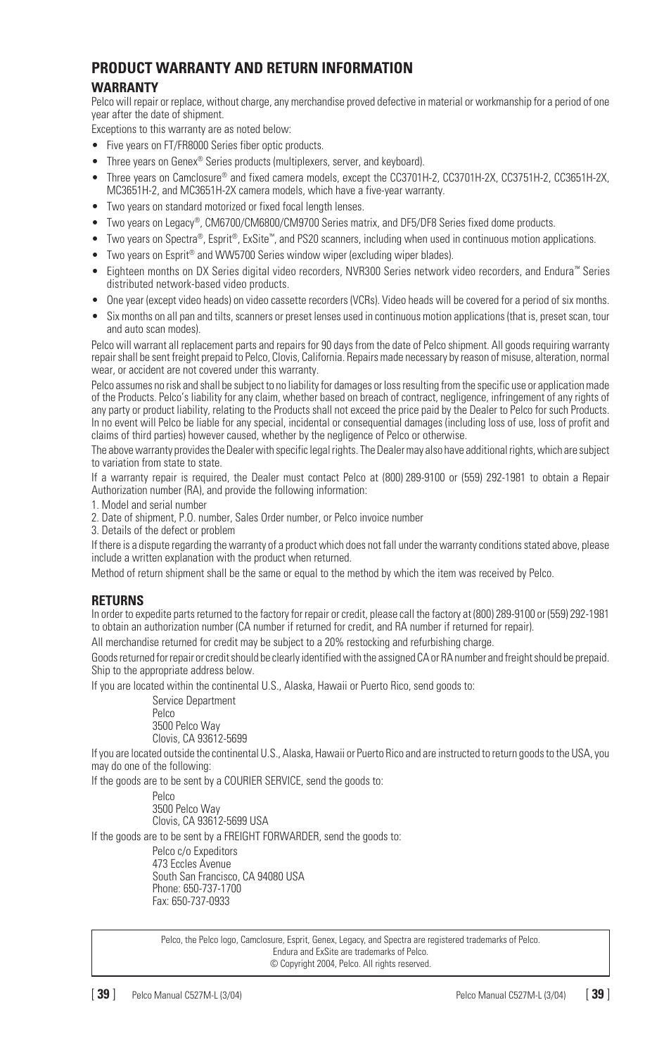 Product warranty and return information, Warranty, Returns | Pelco Universal Keyboard KBD300A User Manual | Page 39 / 40