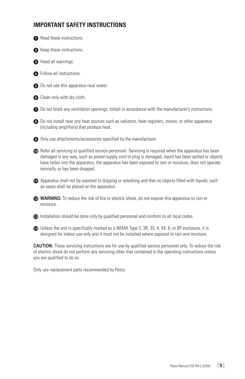 Important safety instructions | Pelco Universal Keyboard KBD300A User Manual | Page 5 / 40