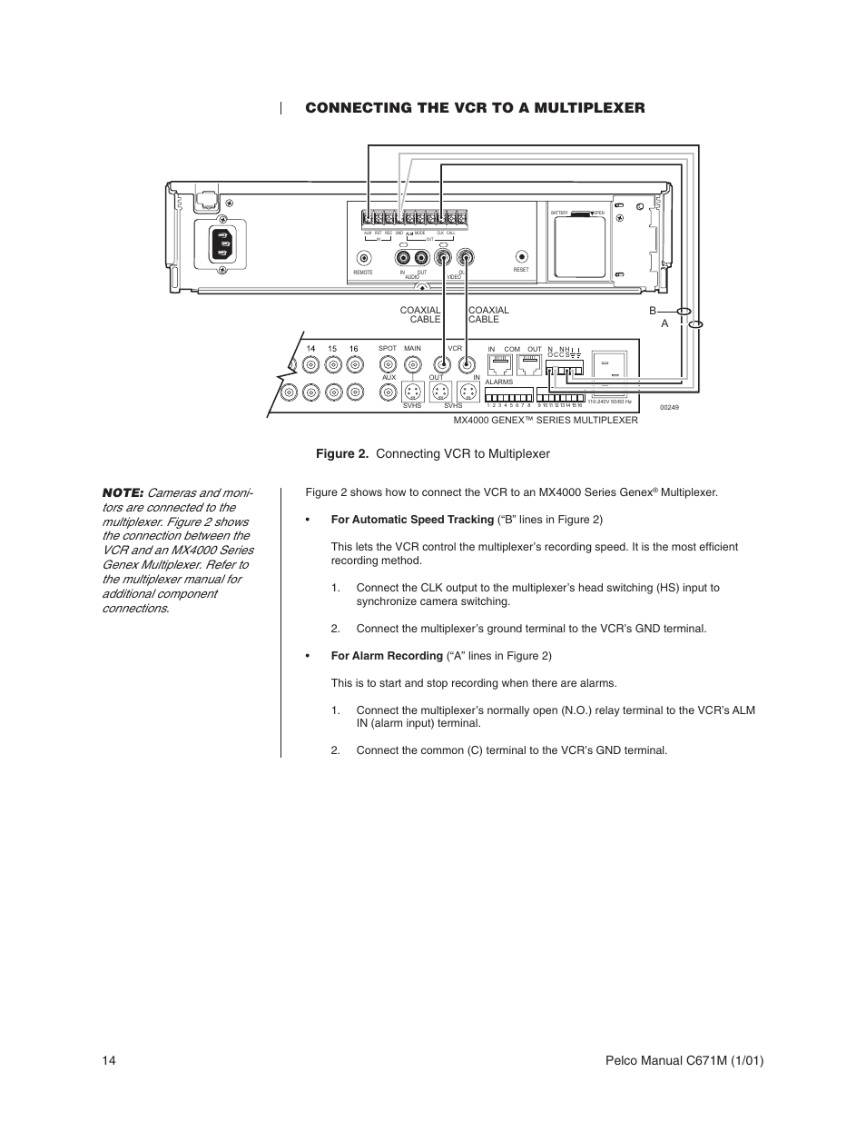 Connecting the vcr to a multiplexer, Figure 2. connecting vcr to multiplexer | Pelco TLR3040 User Manual | Page 14 / 58