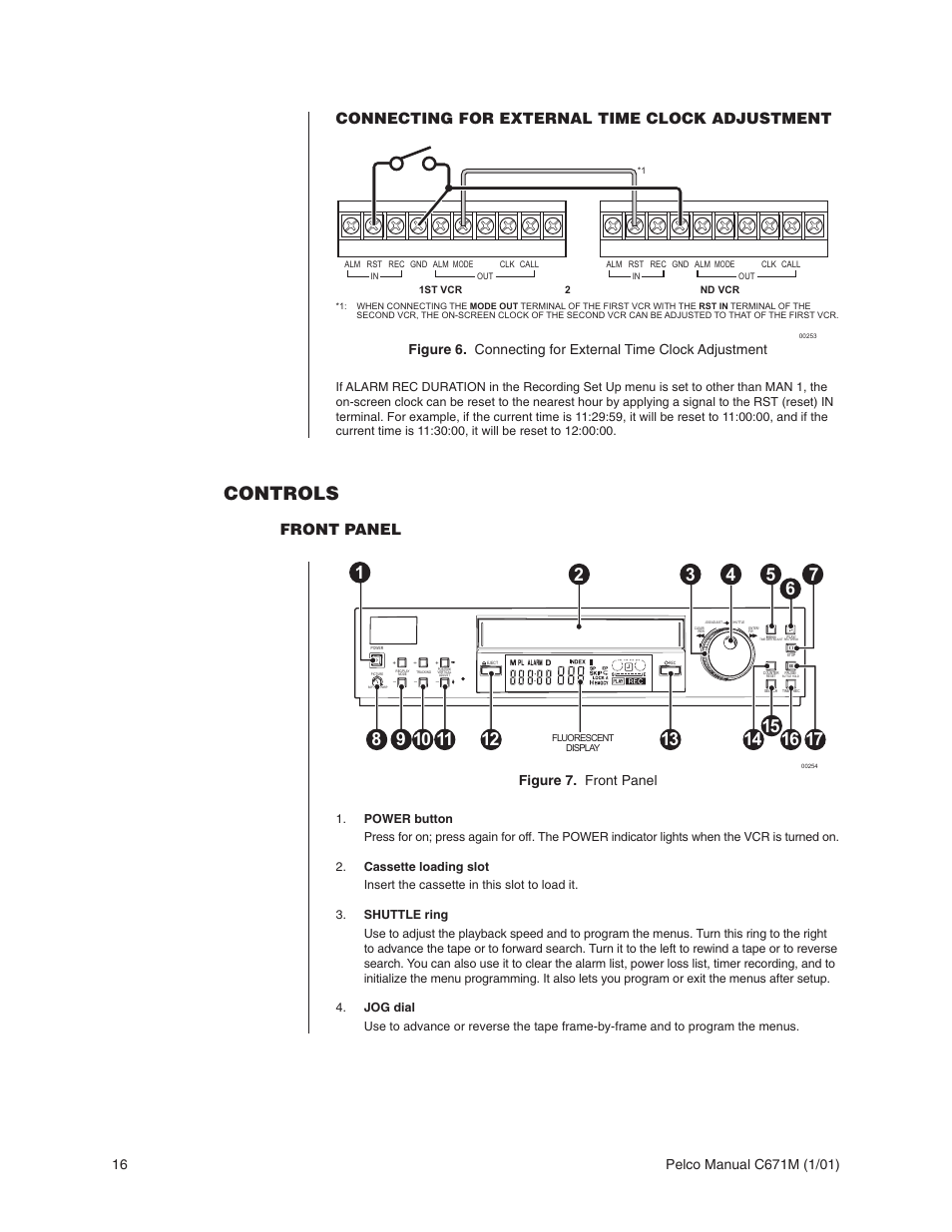Controls, Connecting for external time clock adjustment, Front panel | Figure 7. front panel | Pelco TLR3040 User Manual | Page 16 / 58