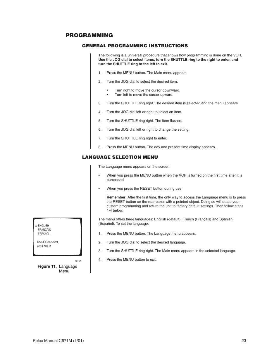 Programming | Pelco TLR3040 User Manual | Page 23 / 58