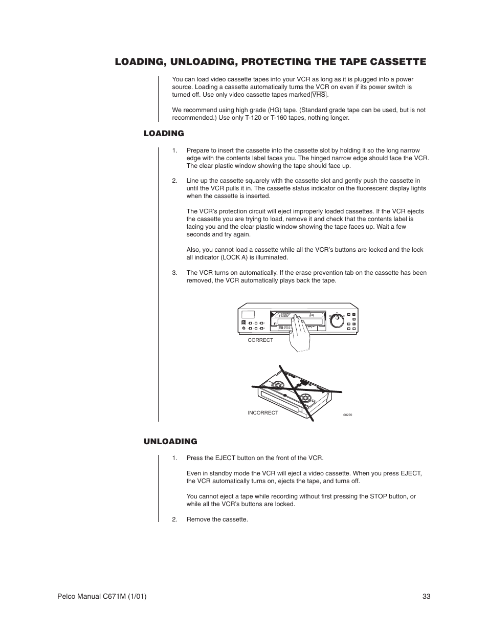 Loading, unloading, protecting the tape cassette | Pelco TLR3040 User Manual | Page 33 / 58
