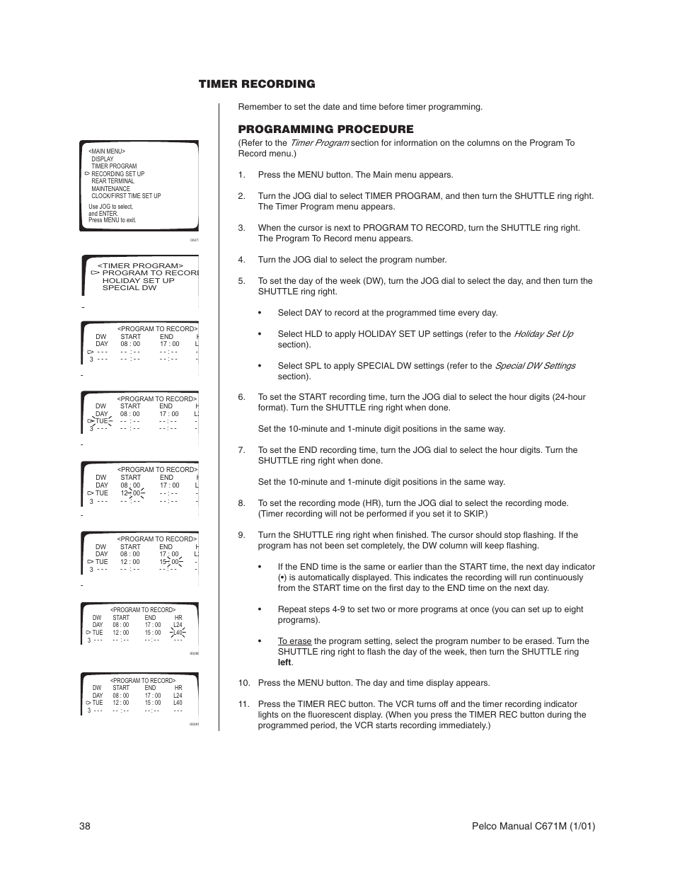 Timer recording, Programming procedure | Pelco TLR3040 User Manual | Page 38 / 58