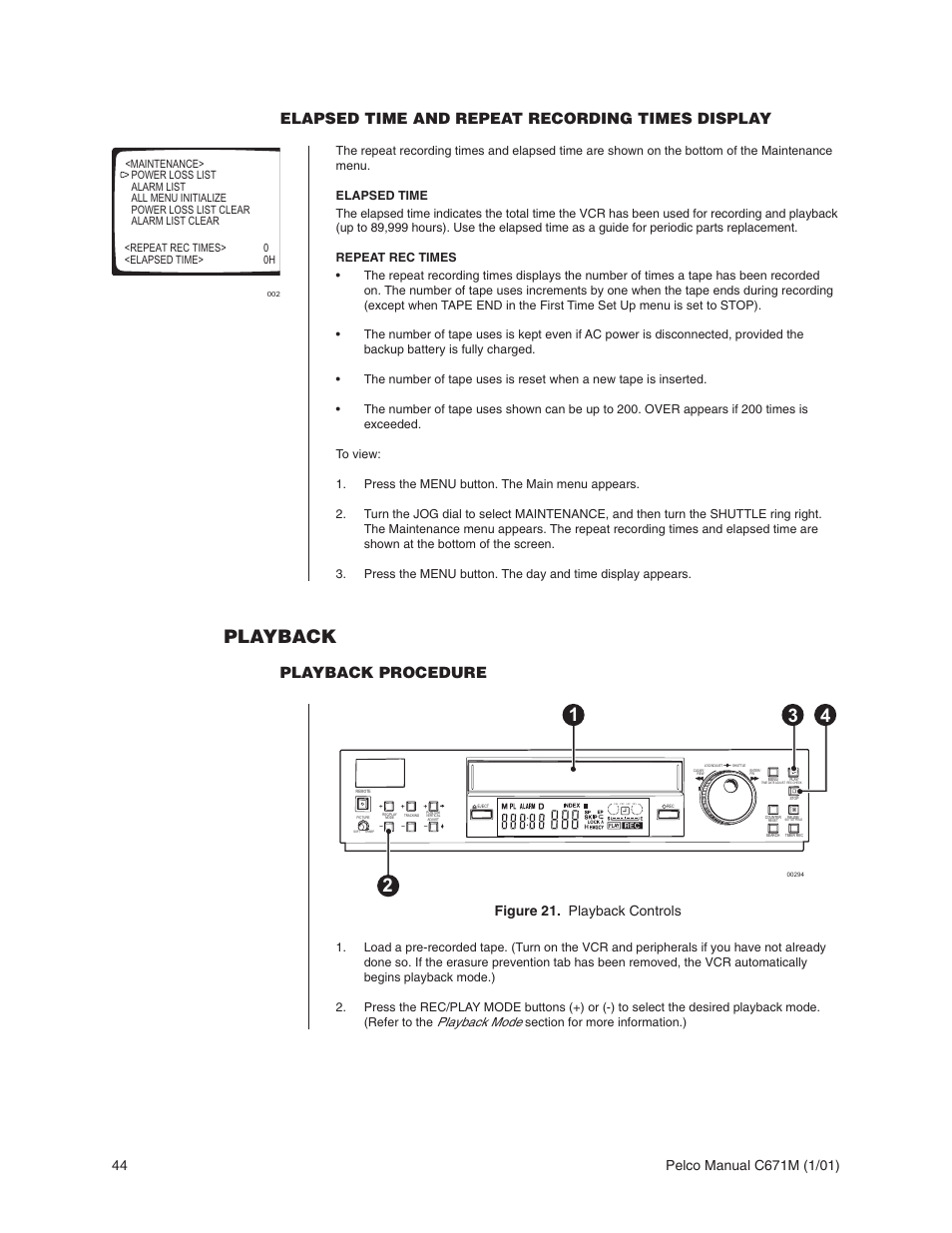 Playback, Elapsed time and repeat recording times display, Playback procedure | Figure 21. playback controls, Playback mode | Pelco TLR3040 User Manual | Page 44 / 58