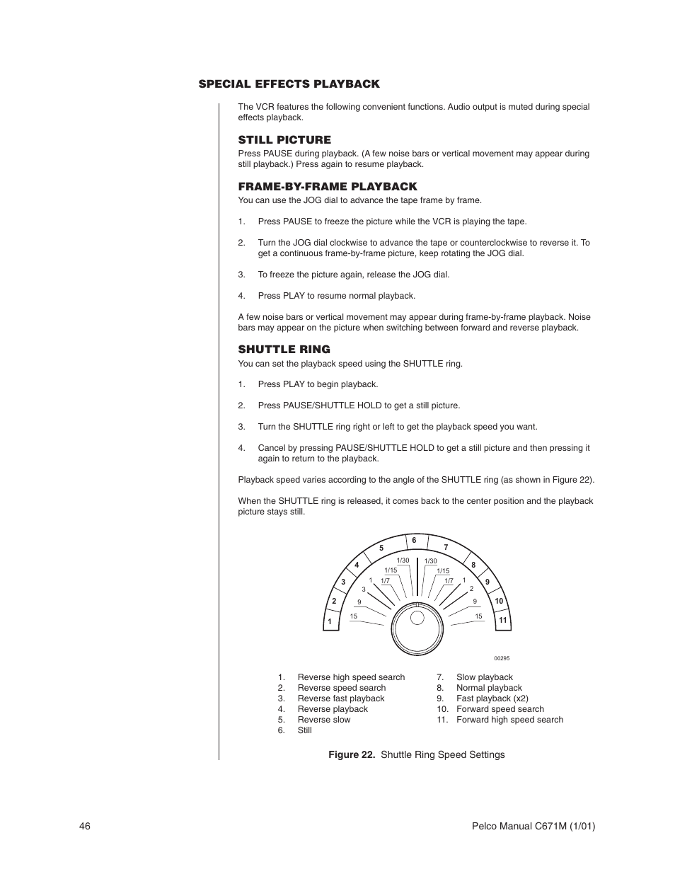 Special effects playback, Still picture, Frame-by-frame playback | Shuttle ring | Pelco TLR3040 User Manual | Page 46 / 58