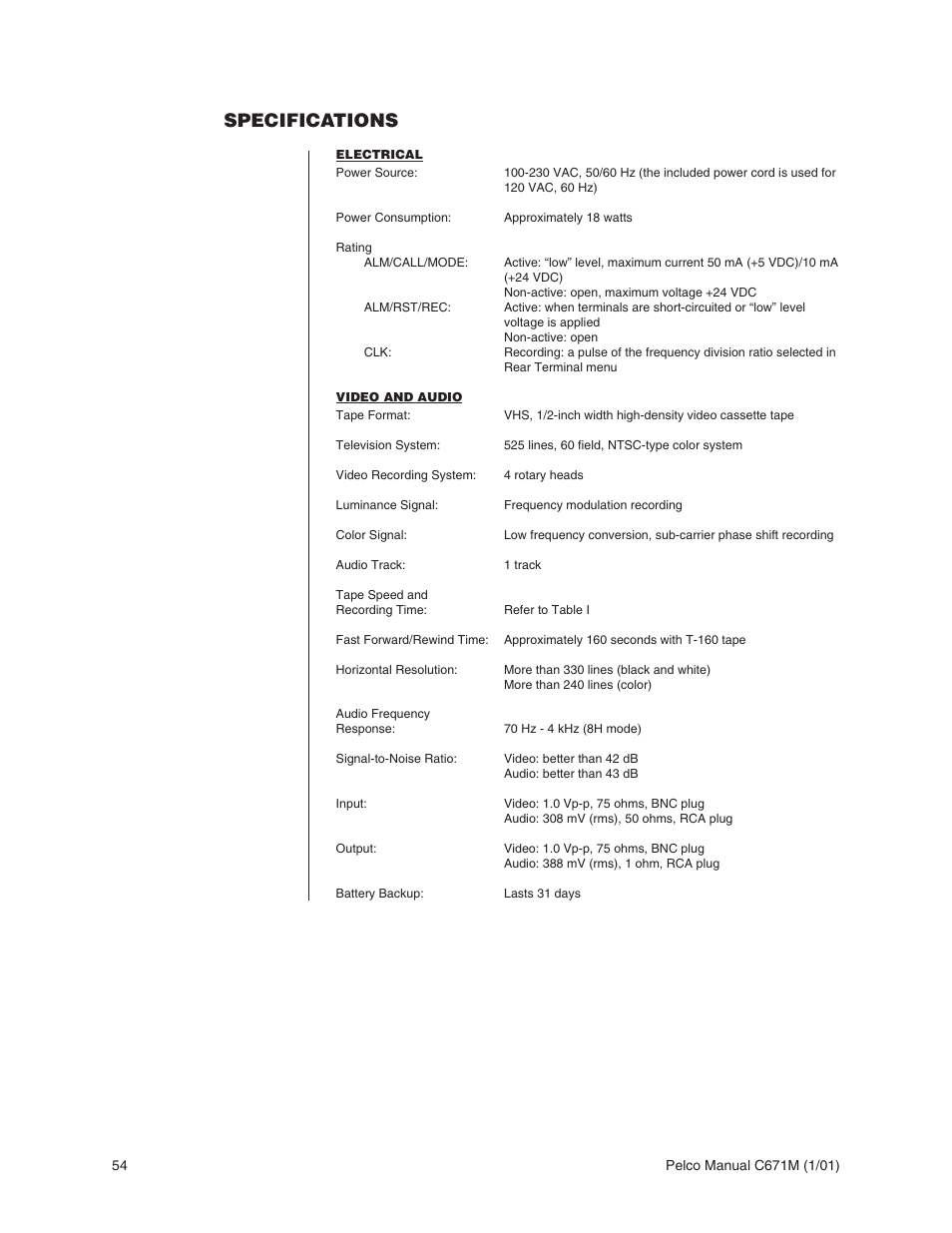 Specifications | Pelco TLR3040 User Manual | Page 54 / 58