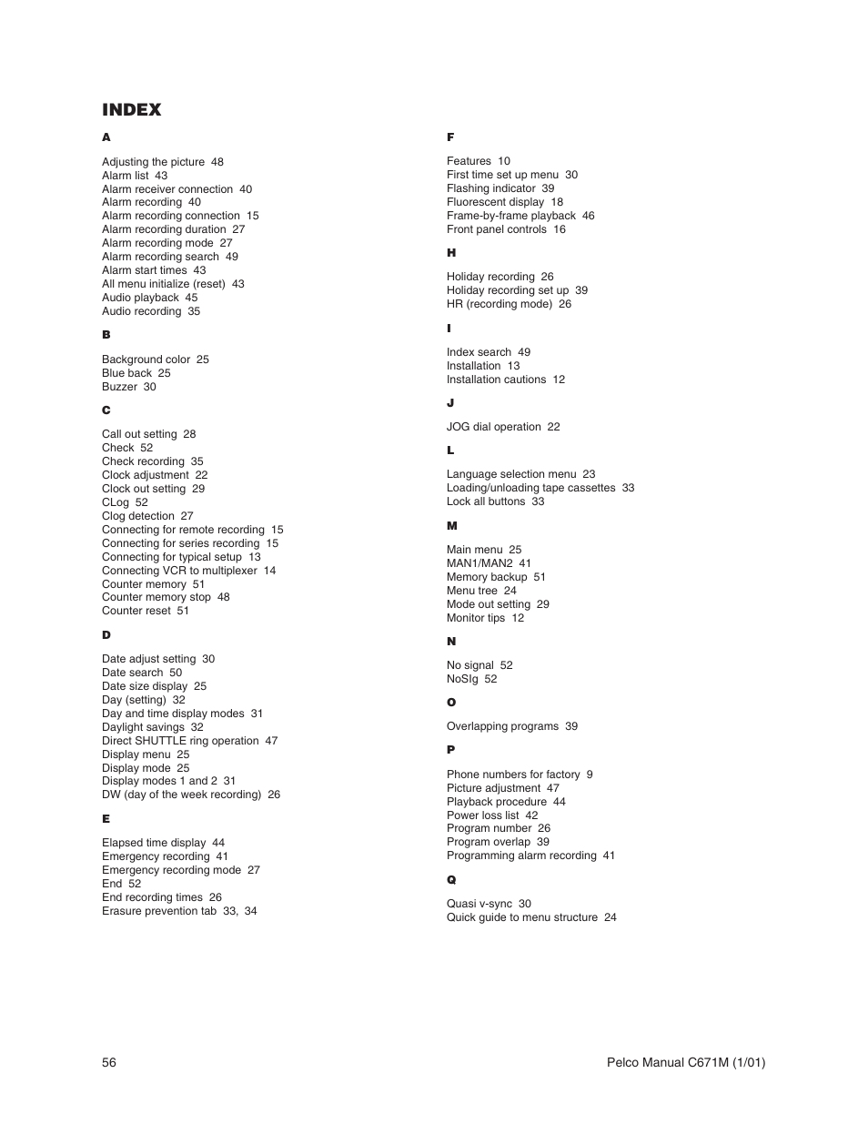 Index | Pelco TLR3040 User Manual | Page 56 / 58