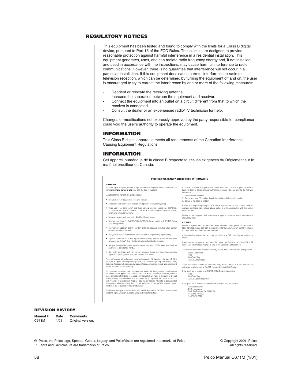 Regulatory notices, Information, Revision history | Pelco TLR3040 User Manual | Page 58 / 58