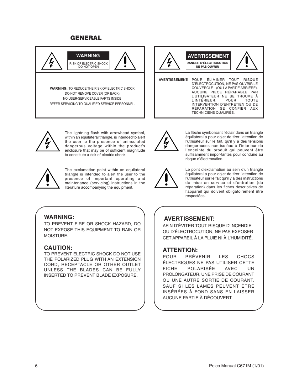 Warning, Caution, Attention | Avertissement: general | Pelco TLR3040 User Manual | Page 6 / 58