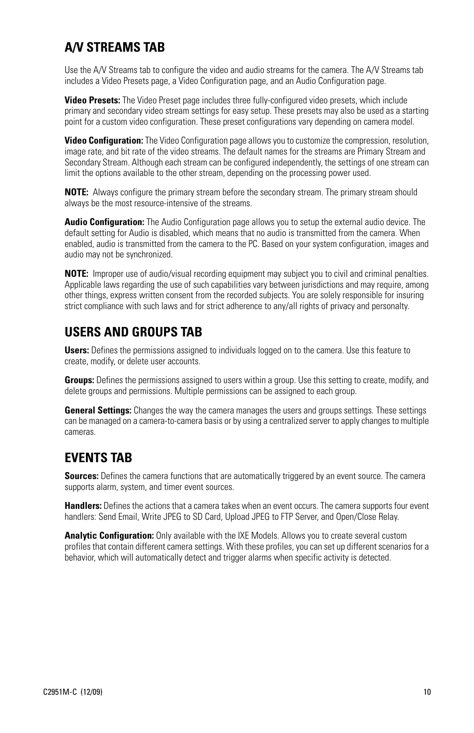 A/v streams tab, Users and groups tab, Events tab | Pelco SARIX C2951M-C User Manual | Page 10 / 12