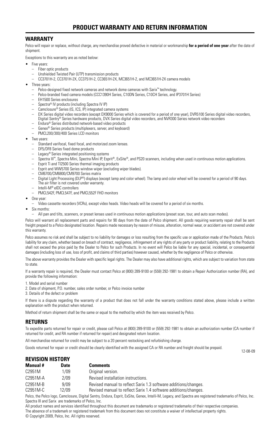 Product warranty and return information, Warranty, Returns | Revision history | Pelco SARIX C2951M-C User Manual | Page 11 / 12