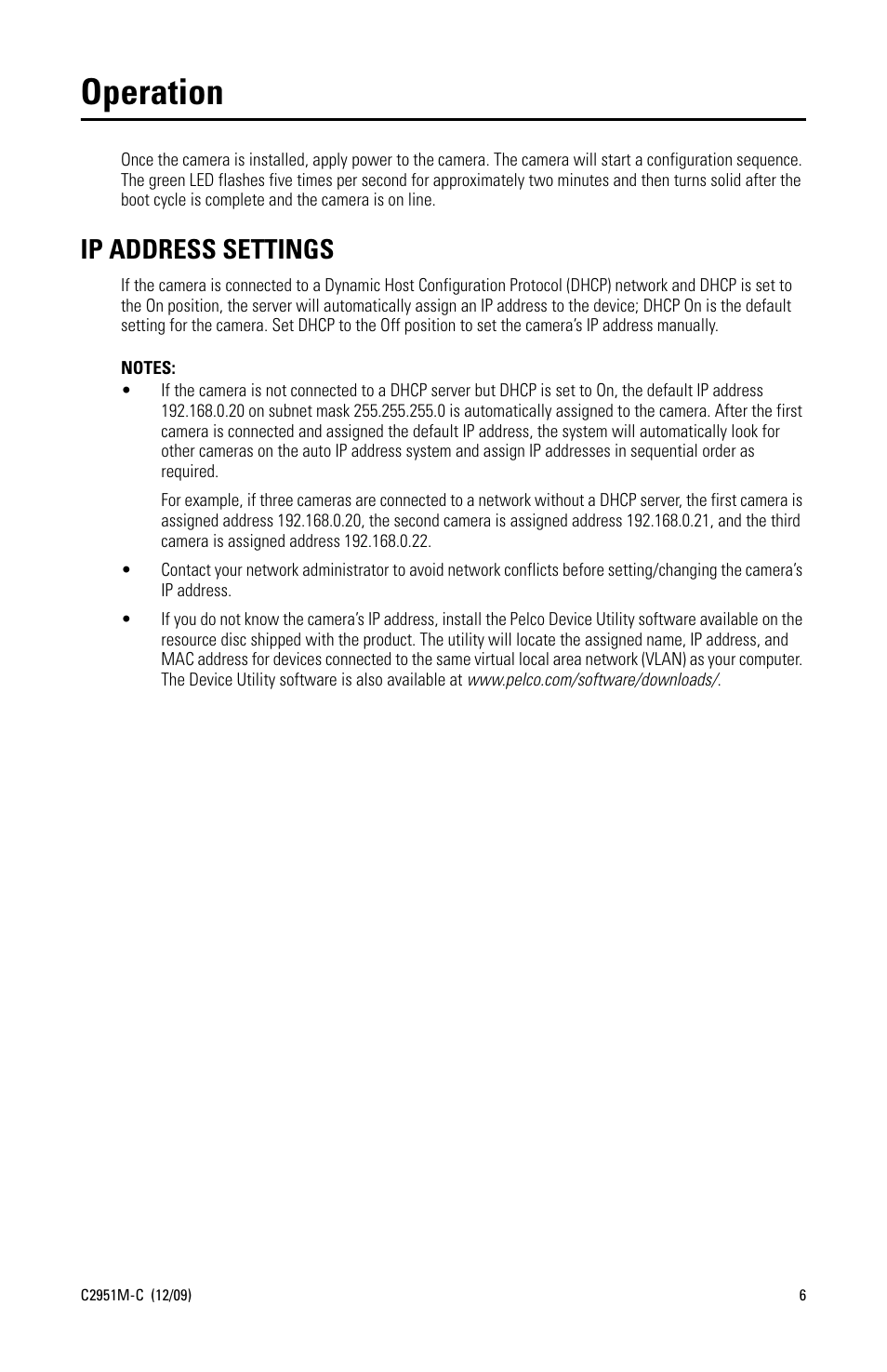 Operation, Ip address settings | Pelco SARIX C2951M-C User Manual | Page 6 / 12