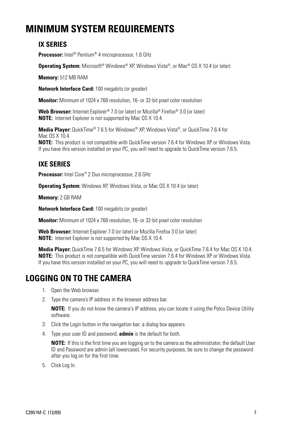 Minimum system requirements, Logging on to the camera, Ix series | Ixe series | Pelco SARIX C2951M-C User Manual | Page 7 / 12