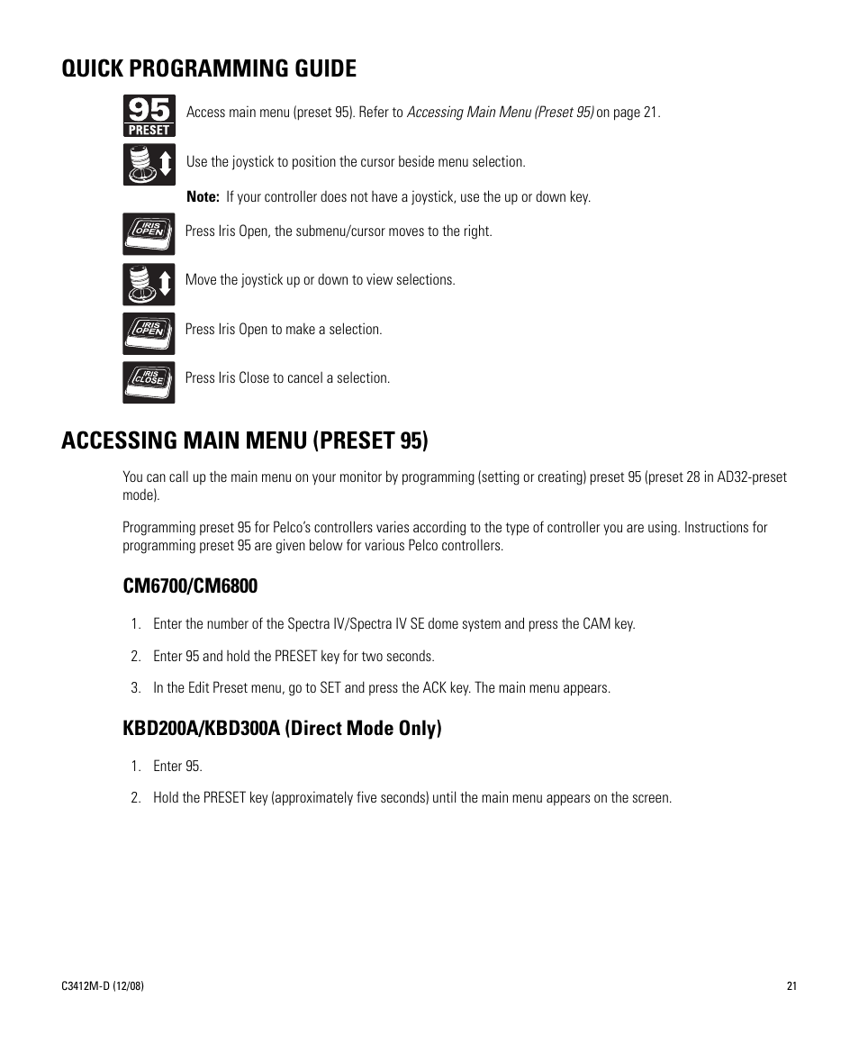 Quick programming guide, Accessing main menu (preset 95), Cm6700/cm6800 | Kbd200a/kbd300a (direct mode only), Cm6700/cm6800 kbd200a/kbd300a (direct mode only) | Pelco SPECTRA C3412M-D User Manual | Page 21 / 100