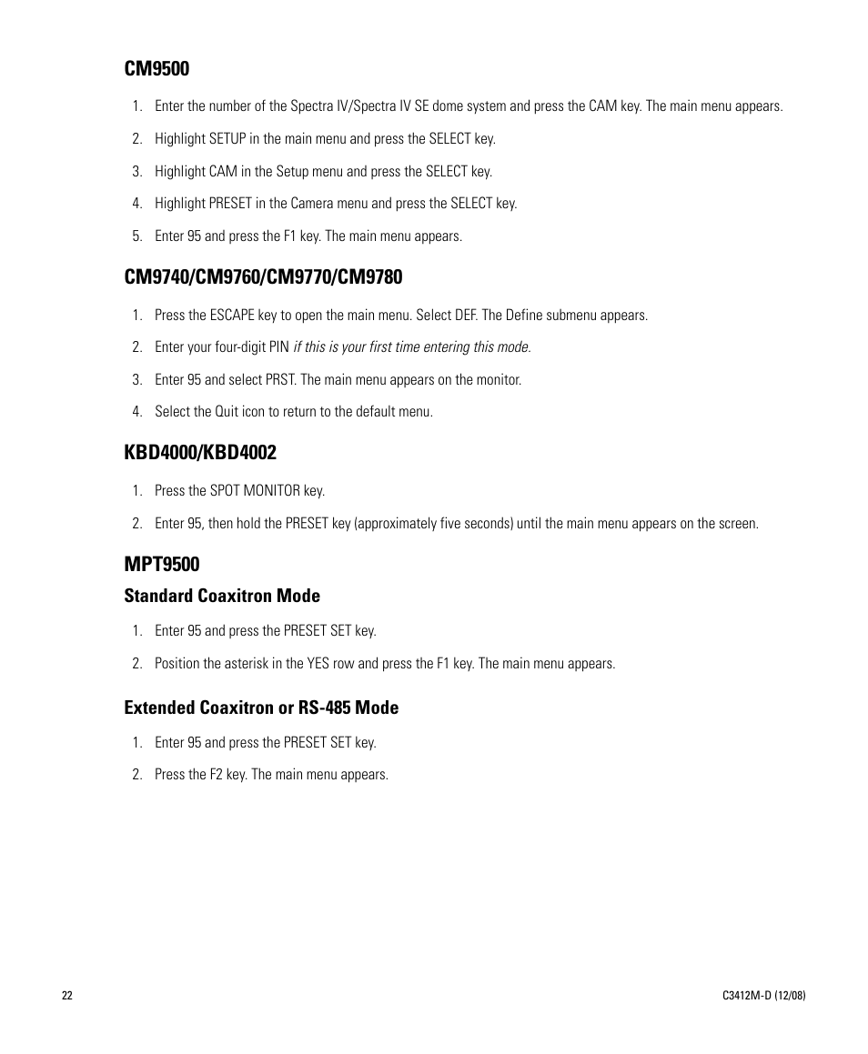 Cm9500, Cm9740/cm9760/cm9770/cm9780, Kbd4000/kbd4002 | Mpt9500 | Pelco SPECTRA C3412M-D User Manual | Page 22 / 100