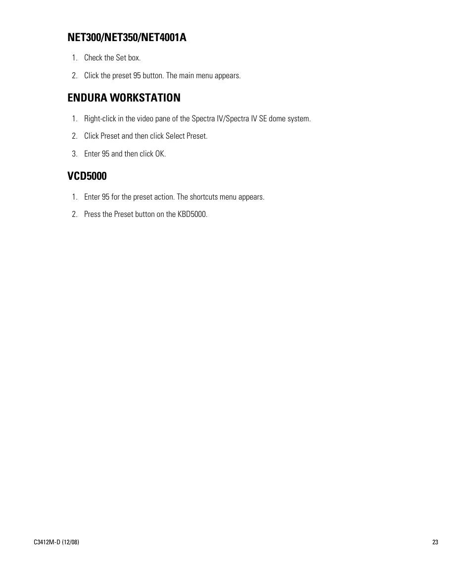 Net300/net350/net4001a, Endura workstation, Vcd5000 | Net300/net350/net4001a endura workstation vcd5000 | Pelco SPECTRA C3412M-D User Manual | Page 23 / 100