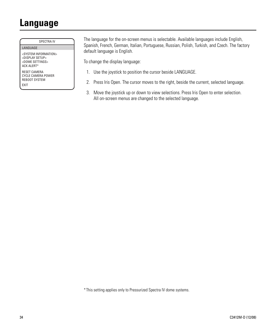 Language | Pelco SPECTRA C3412M-D User Manual | Page 34 / 100
