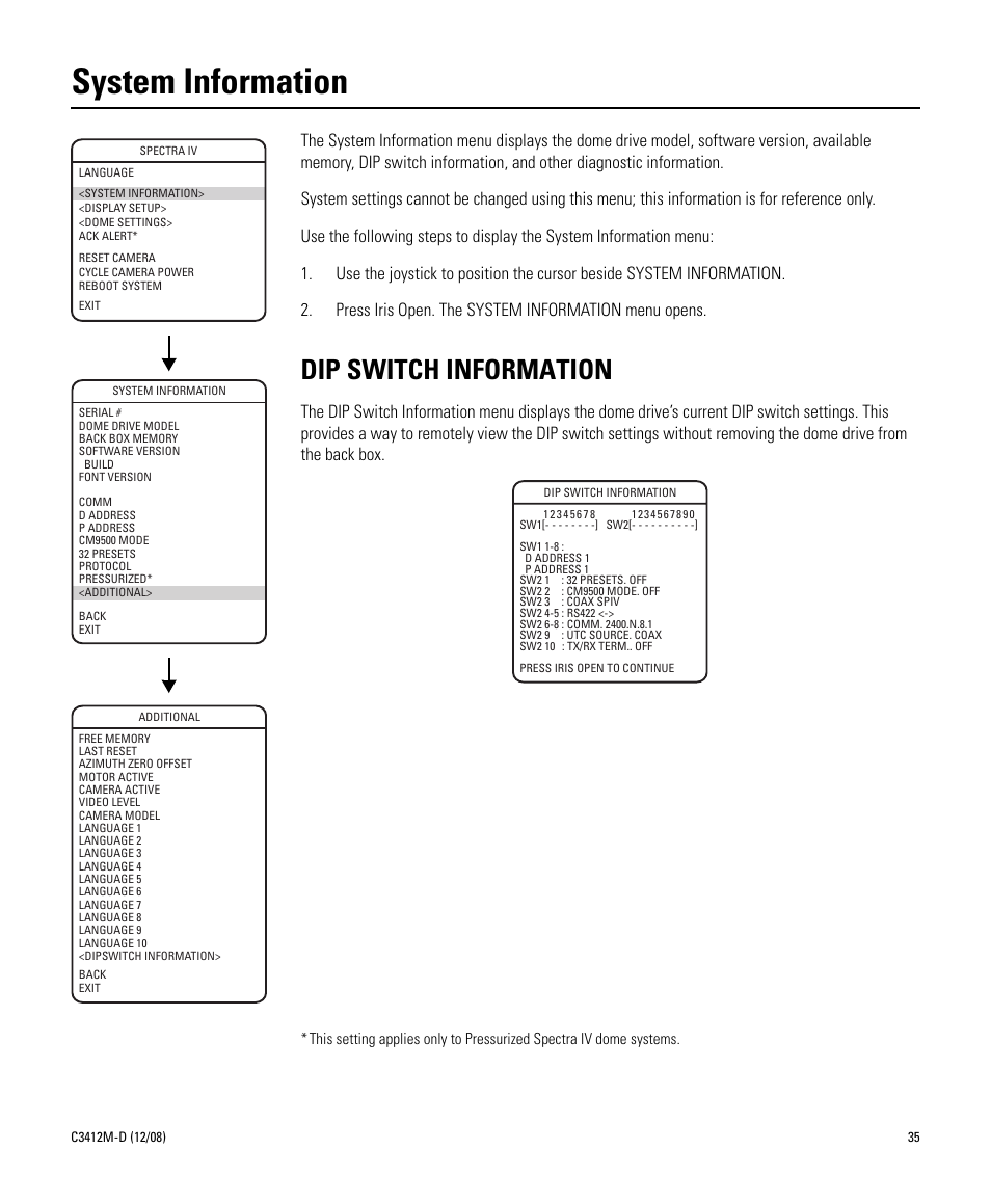 System information, Dip switch information | Pelco SPECTRA C3412M-D User Manual | Page 35 / 100