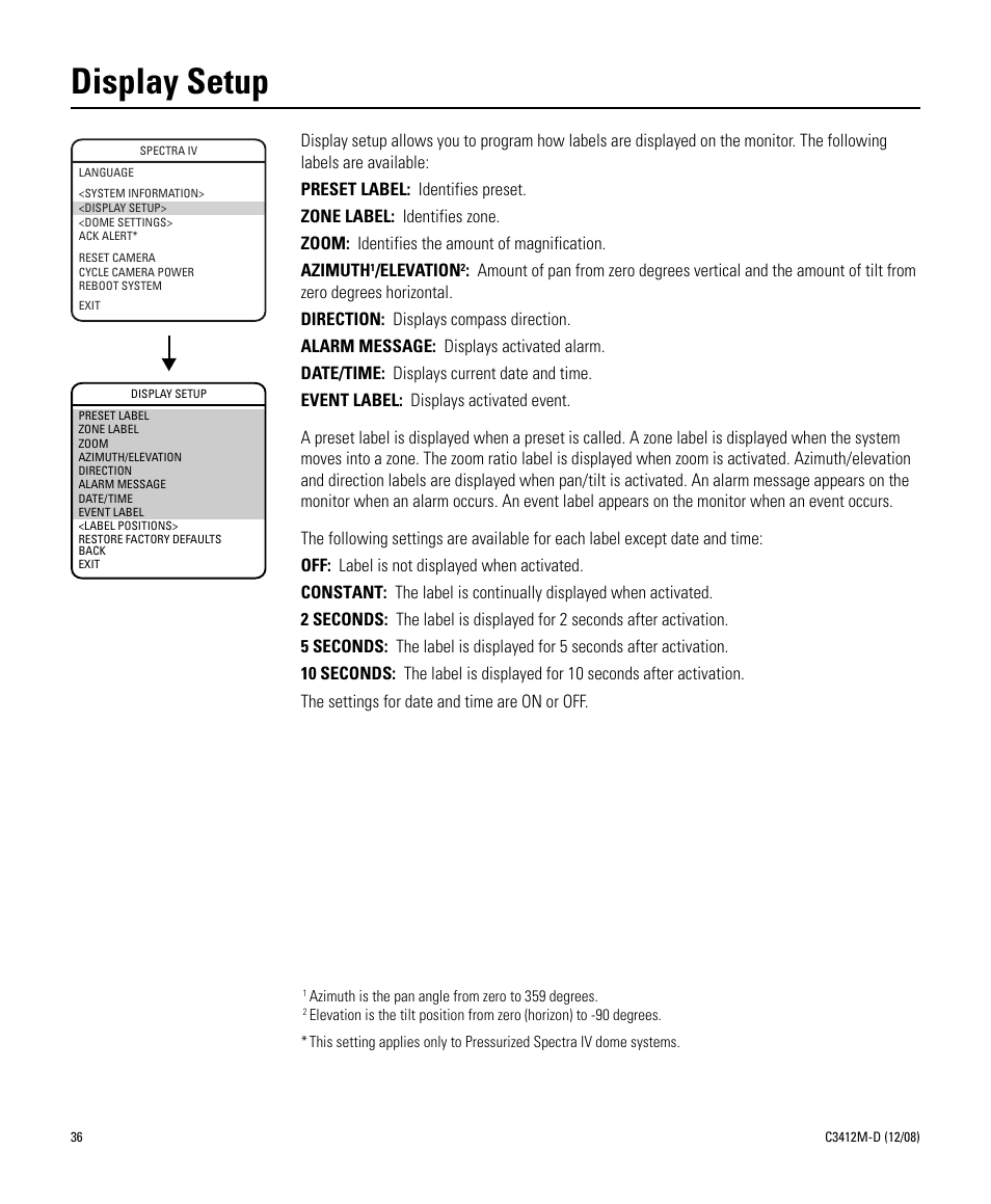 Display setup | Pelco SPECTRA C3412M-D User Manual | Page 36 / 100
