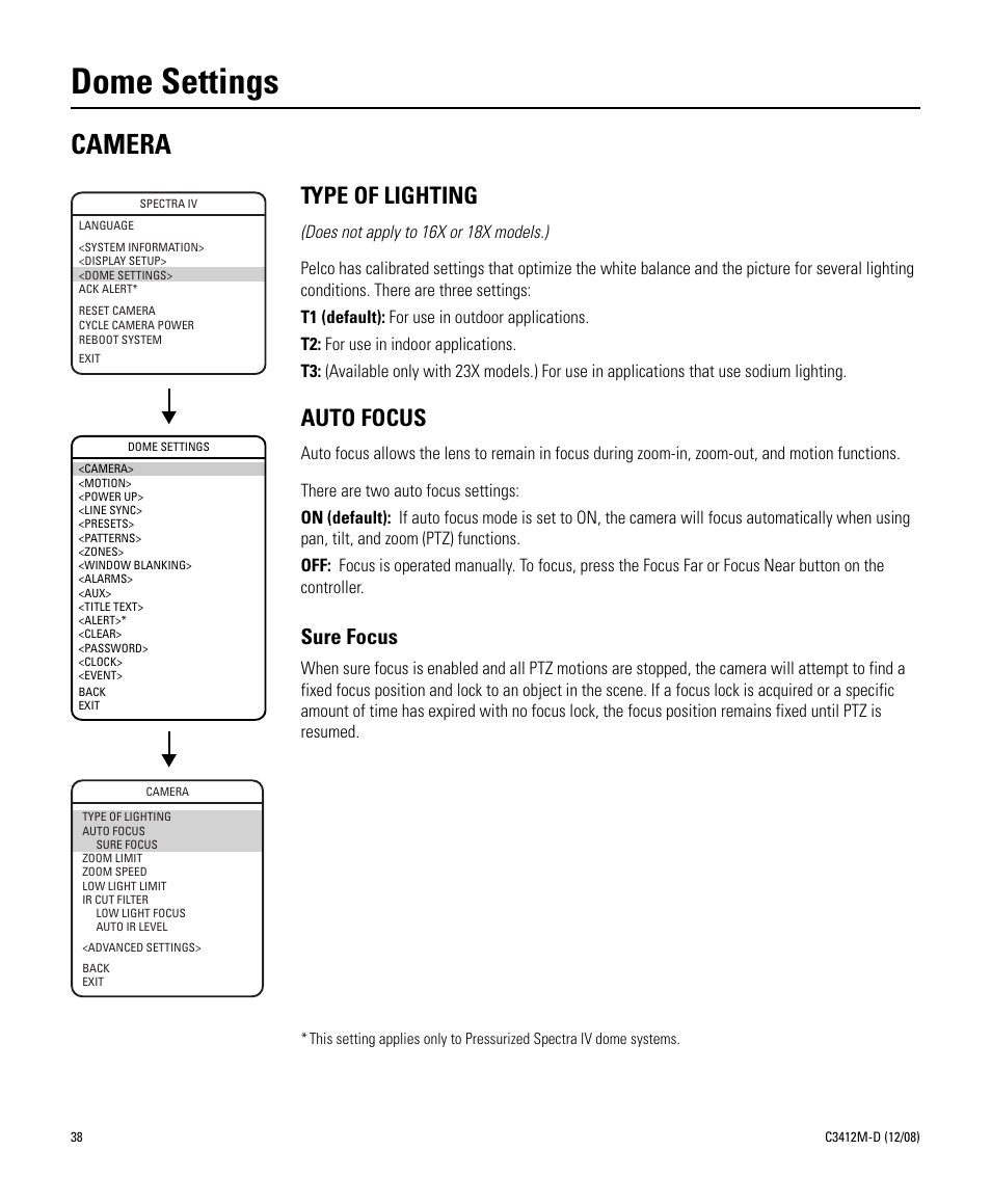 Dome settings, Camera, Type of lighting | Auto focus, Type of lighting auto focus, Sure focus | Pelco SPECTRA C3412M-D User Manual | Page 38 / 100
