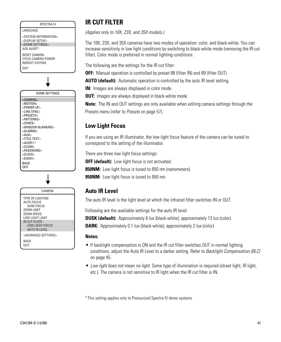 Ir cut filter, Low light focus, Auto ir level | Pelco SPECTRA C3412M-D User Manual | Page 41 / 100