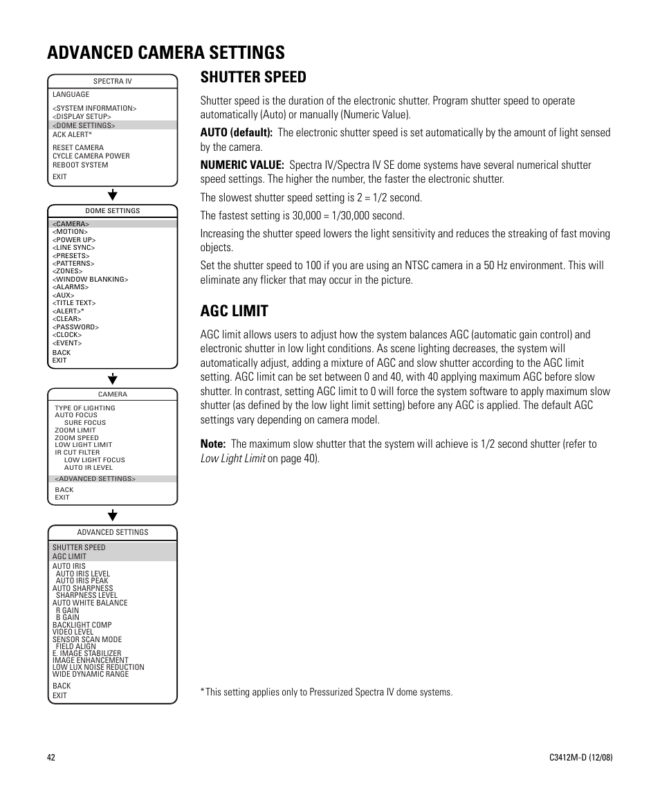 Advanced camera settings, Shutter speed, Agc limit | Shutter speed agc limit | Pelco SPECTRA C3412M-D User Manual | Page 42 / 100