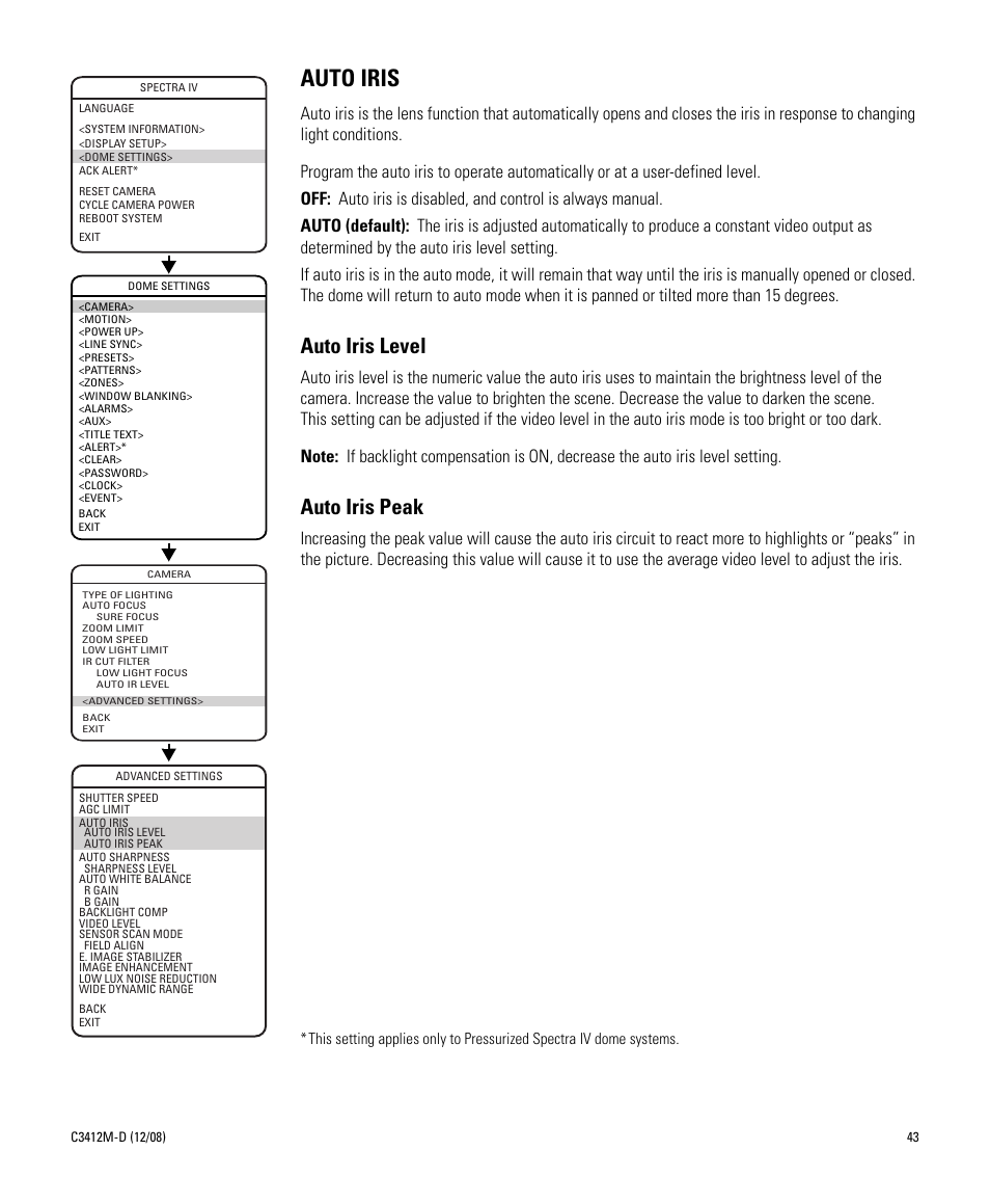 Auto iris, Auto iris level, Auto iris peak | Pelco SPECTRA C3412M-D User Manual | Page 43 / 100