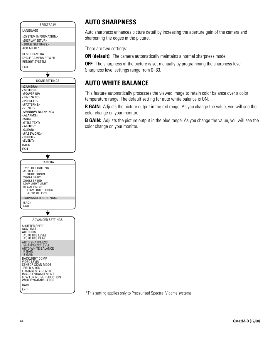 Auto sharpness, Auto white balance, Auto sharpness auto white balance | Pelco SPECTRA C3412M-D User Manual | Page 44 / 100