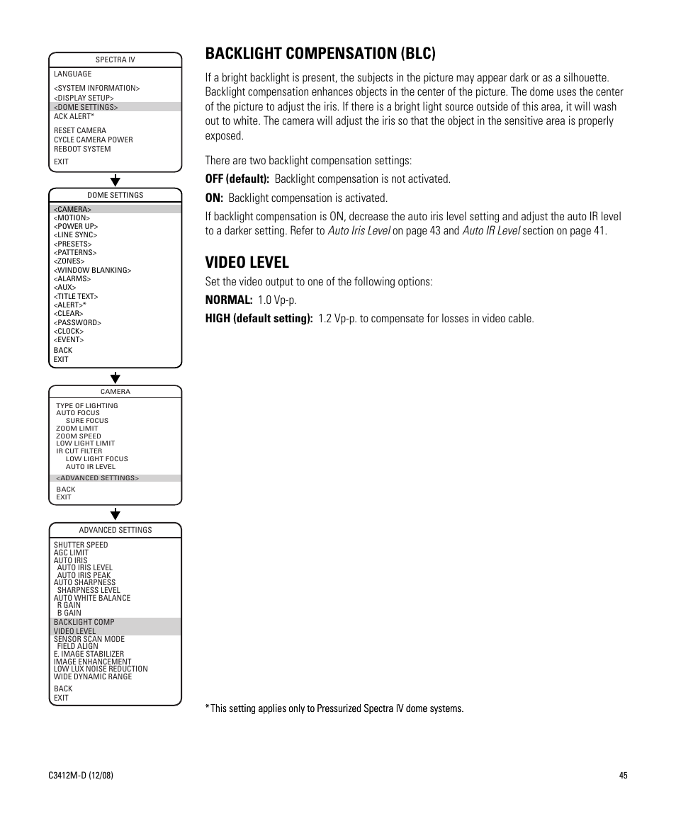 Backlight compensation (blc), Video level, Backlight compensation (blc) video level | Pelco SPECTRA C3412M-D User Manual | Page 45 / 100