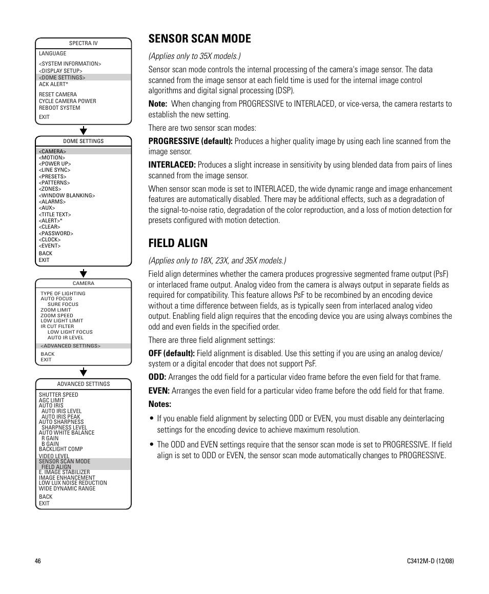 Sensor scan mode, Field align, Sensor scan mode field align | Pelco SPECTRA C3412M-D User Manual | Page 46 / 100
