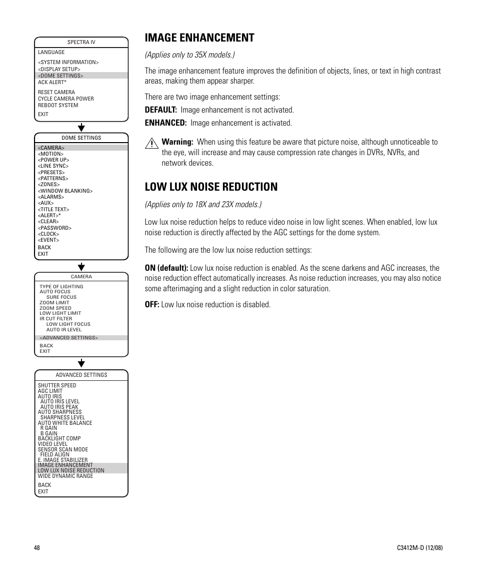 Image enhancement, Low lux noise reduction, Image enhancement low lux noise reduction | Pelco SPECTRA C3412M-D User Manual | Page 48 / 100