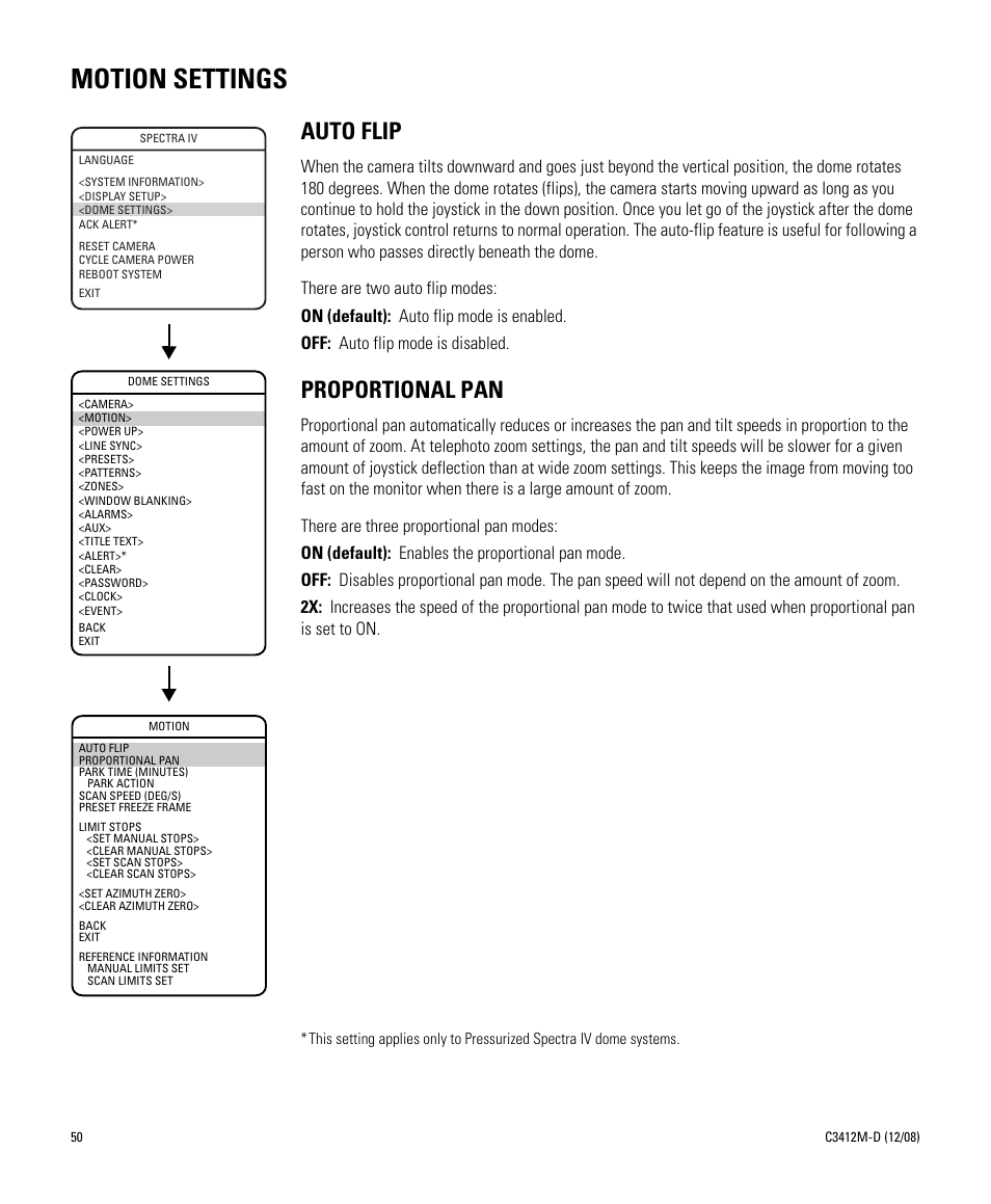 Motion settings, Auto flip, Proportional pan | Auto flip proportional pan | Pelco SPECTRA C3412M-D User Manual | Page 50 / 100