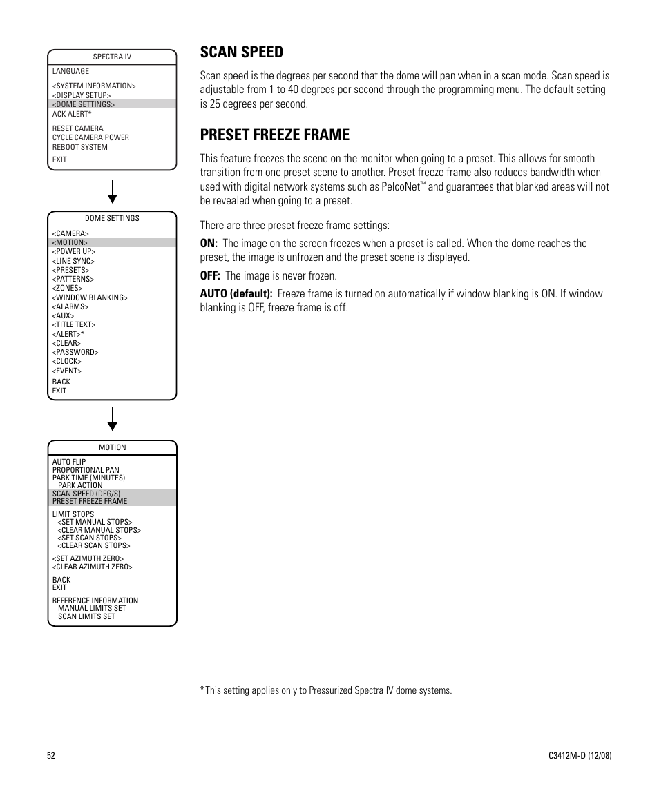 Scan speed, Preset freeze frame, Scan speed preset freeze frame | Pelco SPECTRA C3412M-D User Manual | Page 52 / 100