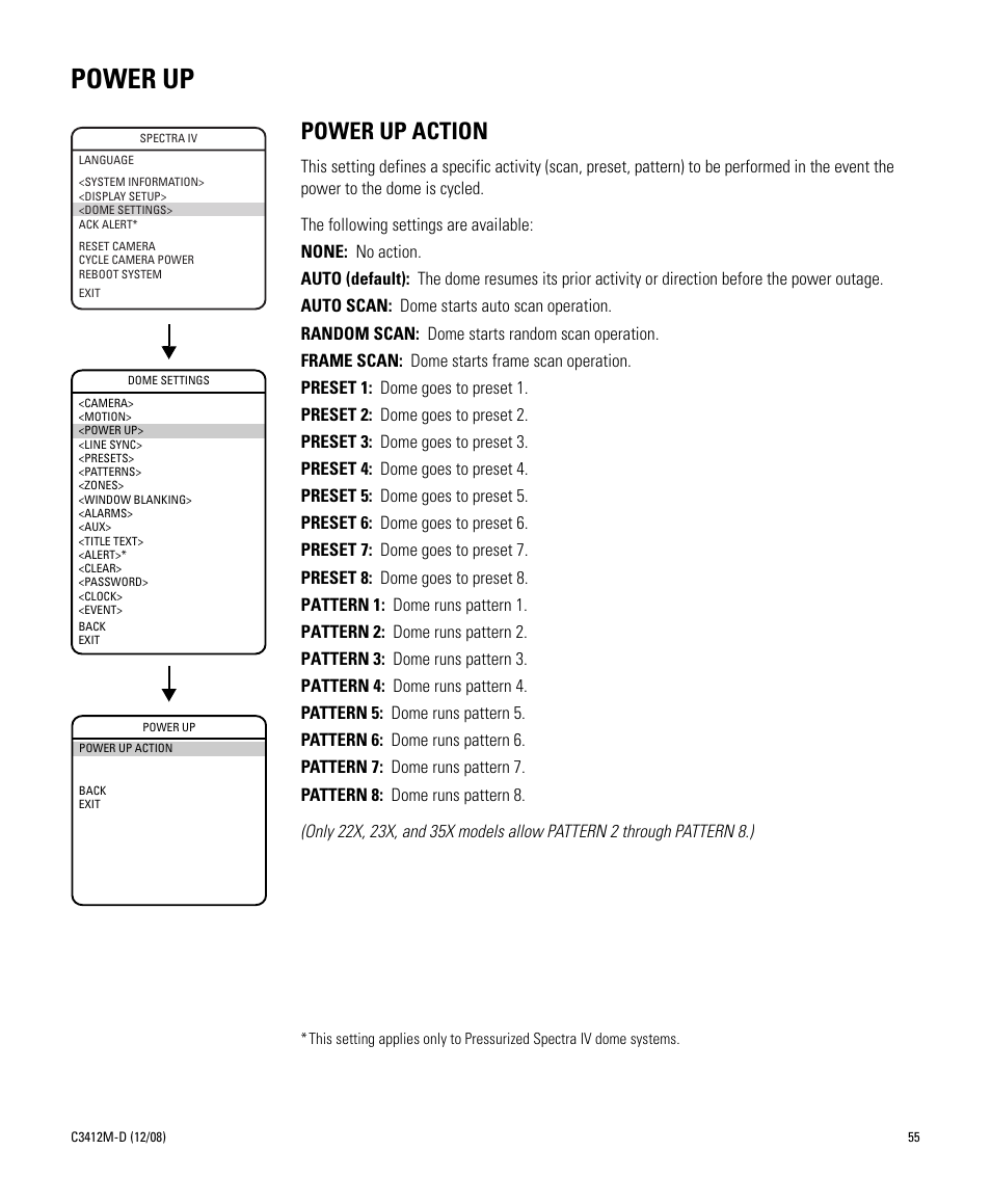Power up, Power up action | Pelco SPECTRA C3412M-D User Manual | Page 55 / 100