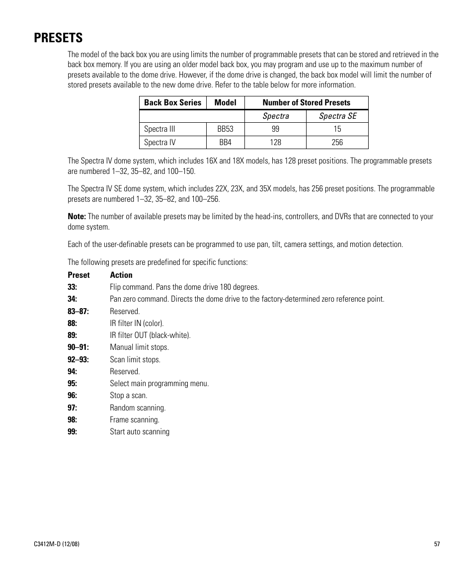 Presets | Pelco SPECTRA C3412M-D User Manual | Page 57 / 100