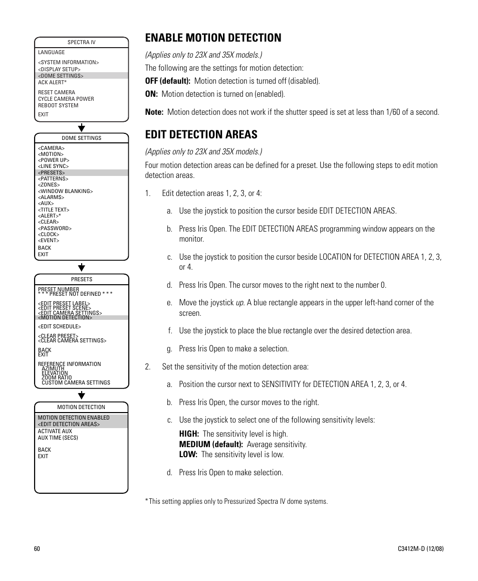 Enable motion detection, Edit detection areas, Enable motion detection edit detection areas | Pelco SPECTRA C3412M-D User Manual | Page 60 / 100