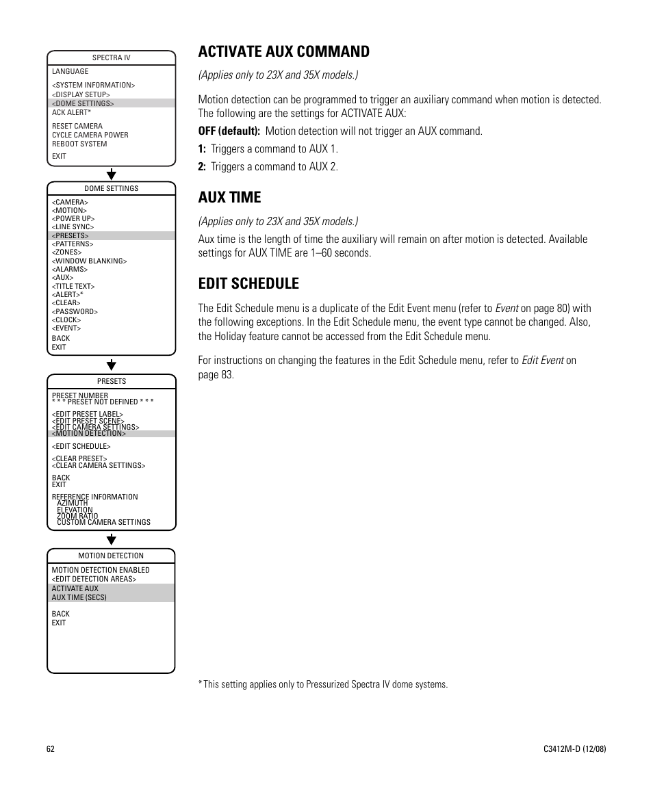 Activate aux command, Aux time, Edit schedule | Activate aux command aux time edit schedule | Pelco SPECTRA C3412M-D User Manual | Page 62 / 100