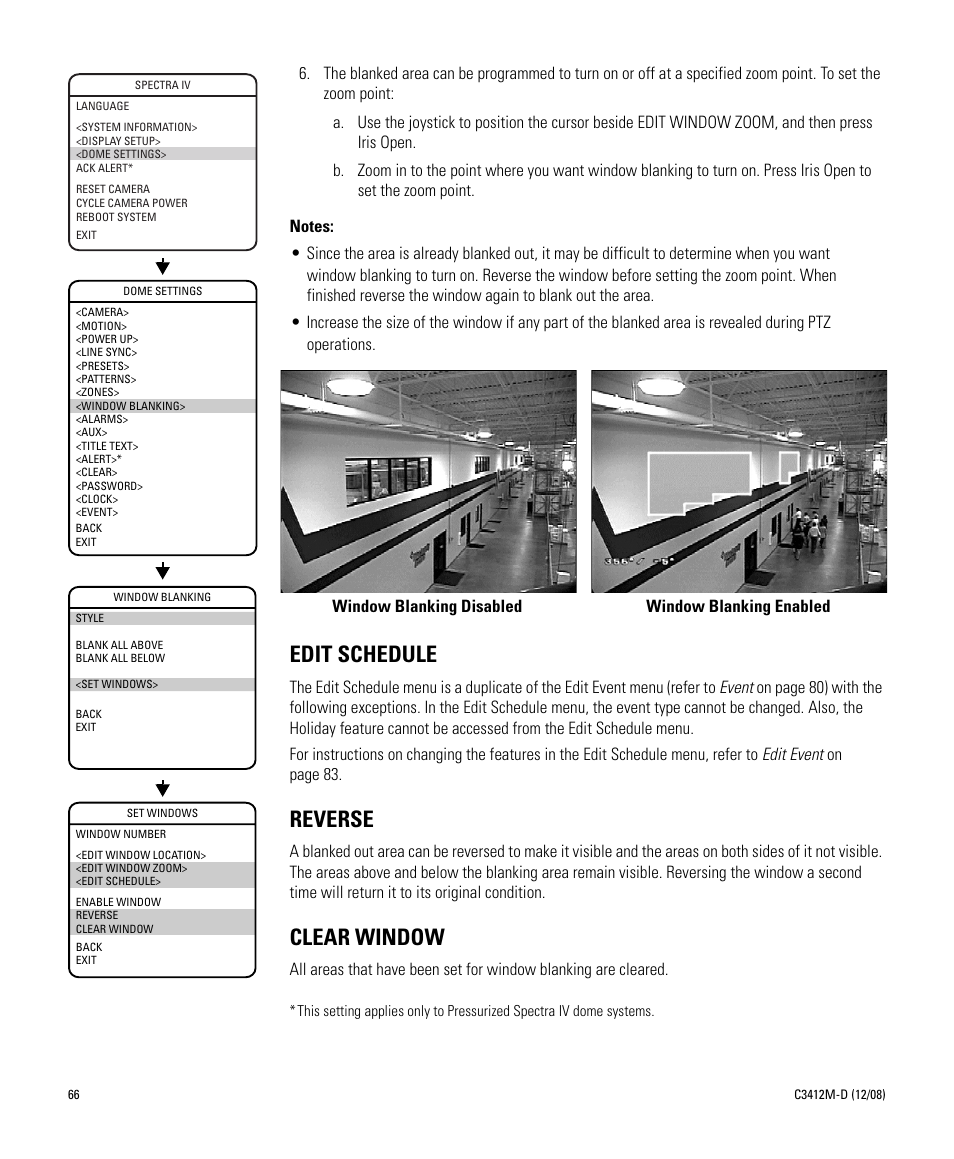 Edit schedule, Reverse, Clear window | Edit schedule reverse clear window | Pelco SPECTRA C3412M-D User Manual | Page 66 / 100