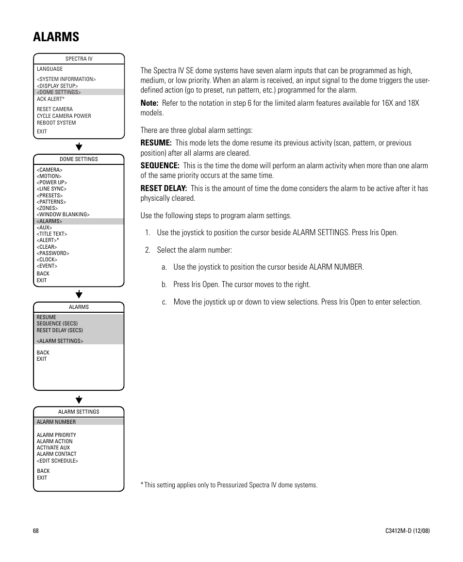 Alarms | Pelco SPECTRA C3412M-D User Manual | Page 68 / 100