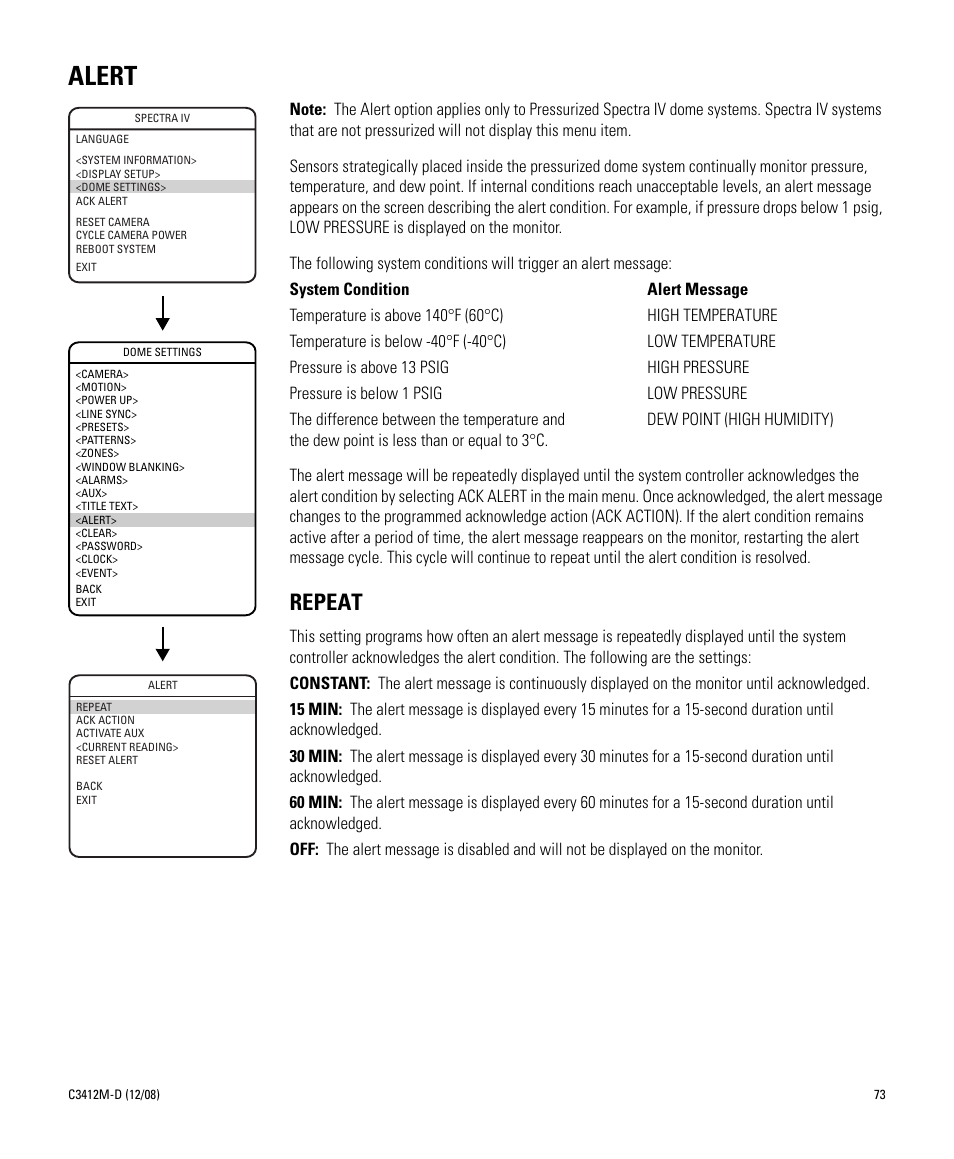 Alert, Repeat | Pelco SPECTRA C3412M-D User Manual | Page 73 / 100