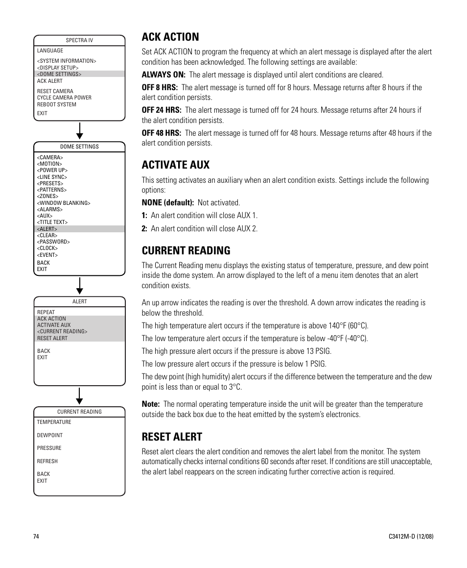 Ack action, Activate aux, Current reading | Reset alert | Pelco SPECTRA C3412M-D User Manual | Page 74 / 100