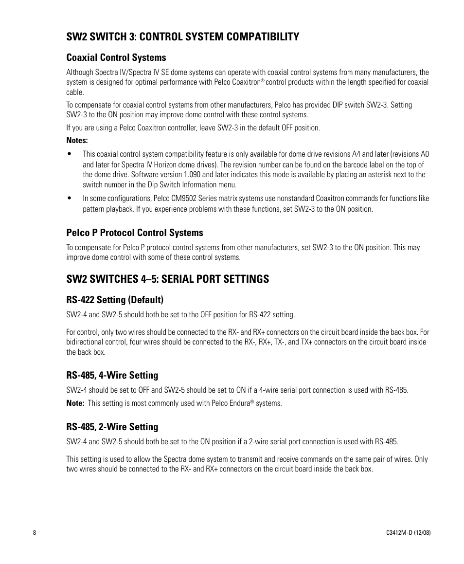 Sw2 switch 3: control system compatibility, Sw2 switches 4–5: serial port settings | Pelco SPECTRA C3412M-D User Manual | Page 8 / 100