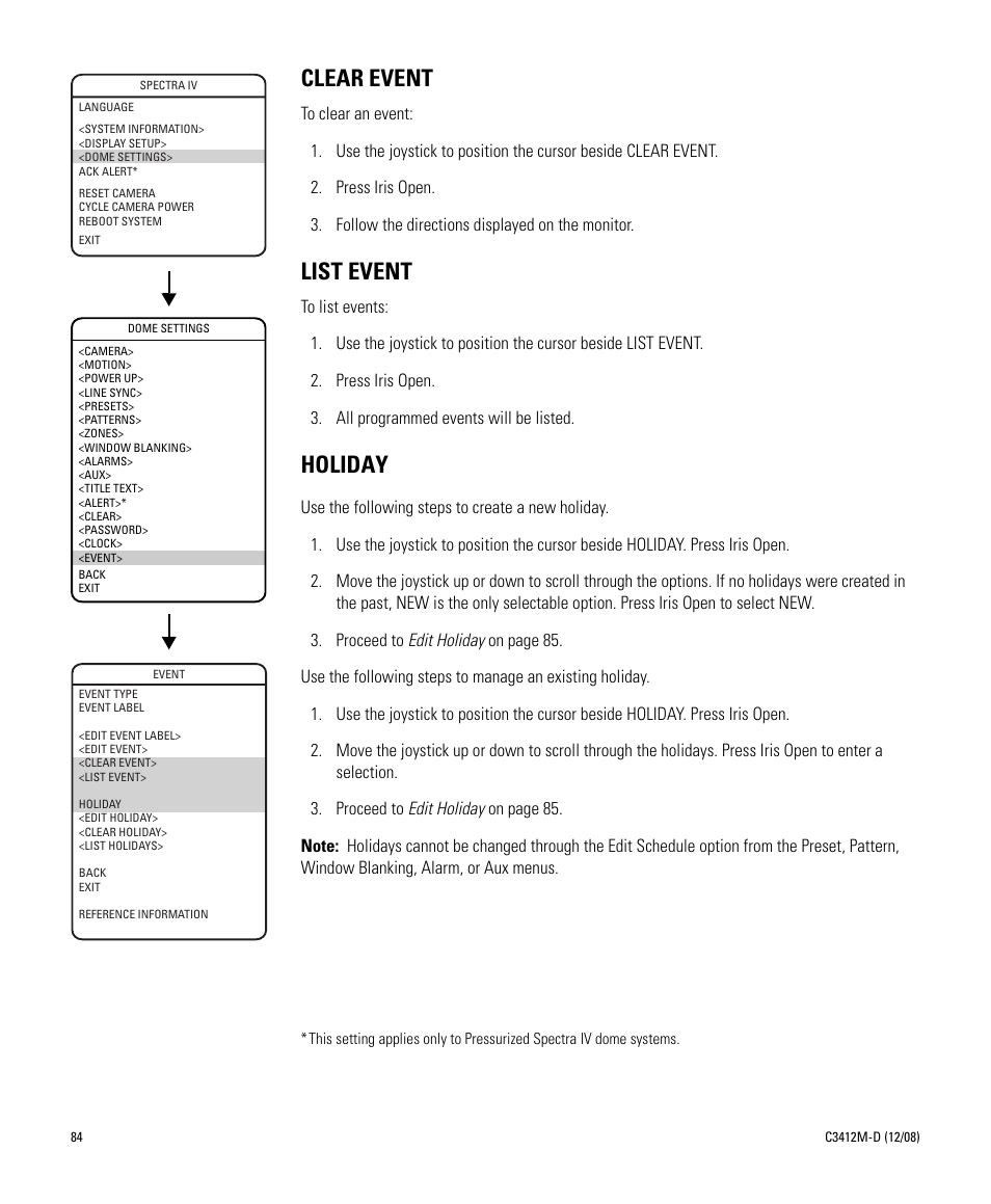 Clear event, List event, Holiday | Clear event list event holiday | Pelco SPECTRA C3412M-D User Manual | Page 84 / 100