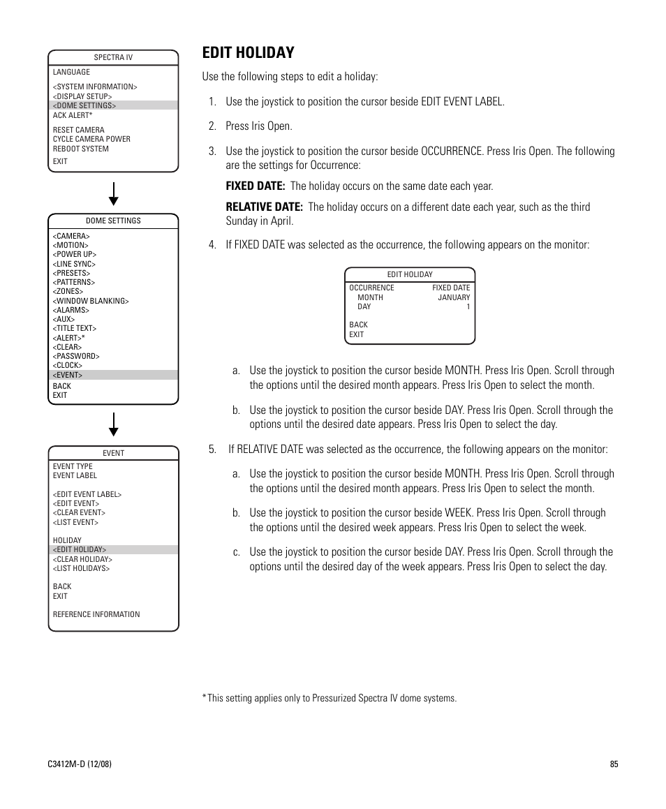 Edit holiday | Pelco SPECTRA C3412M-D User Manual | Page 85 / 100