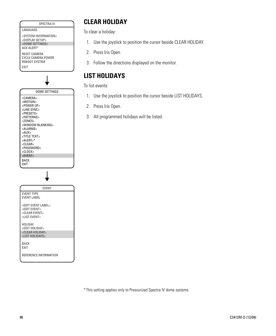 Clear holiday, List holidays, Clear holiday list holidays | Pelco SPECTRA C3412M-D User Manual | Page 86 / 100