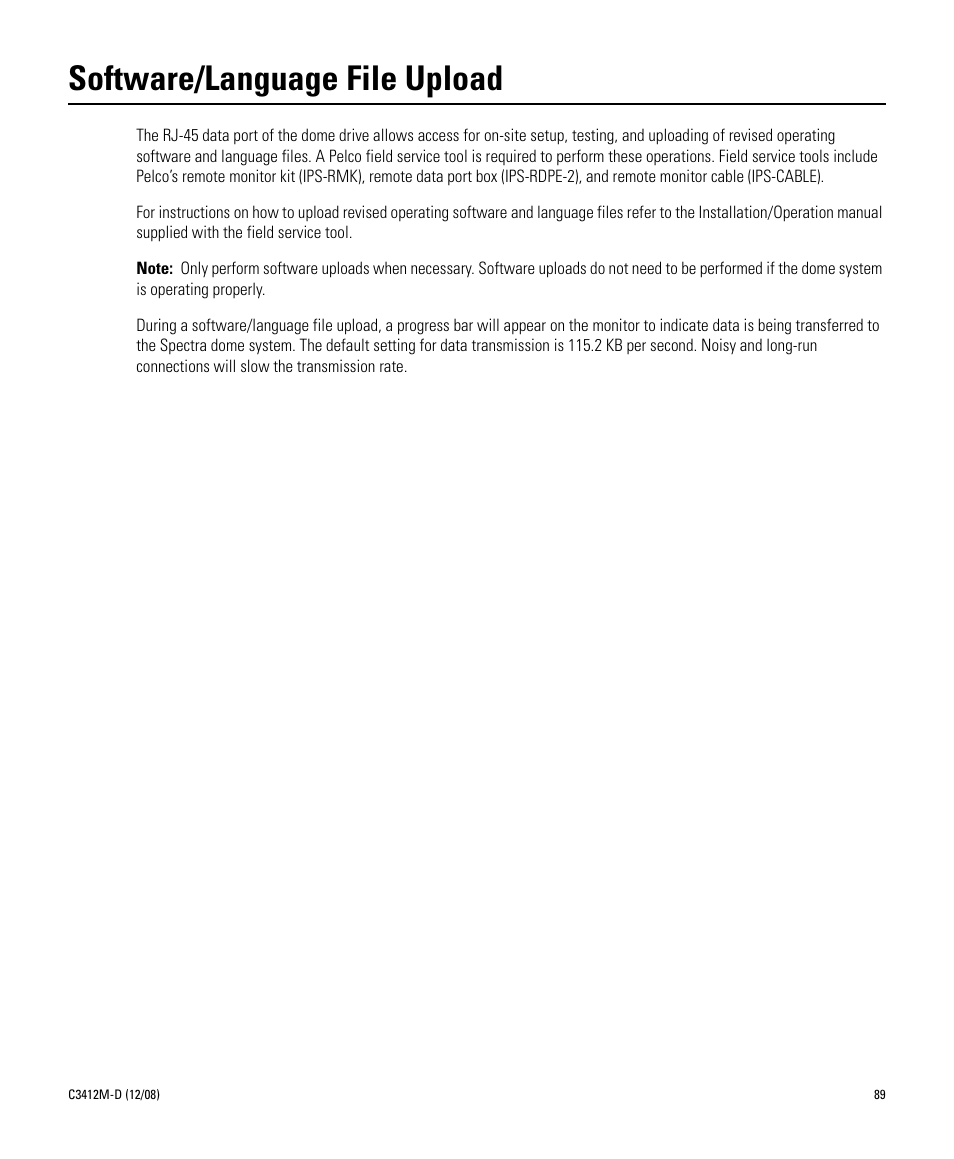 Software/language file upload | Pelco SPECTRA C3412M-D User Manual | Page 89 / 100