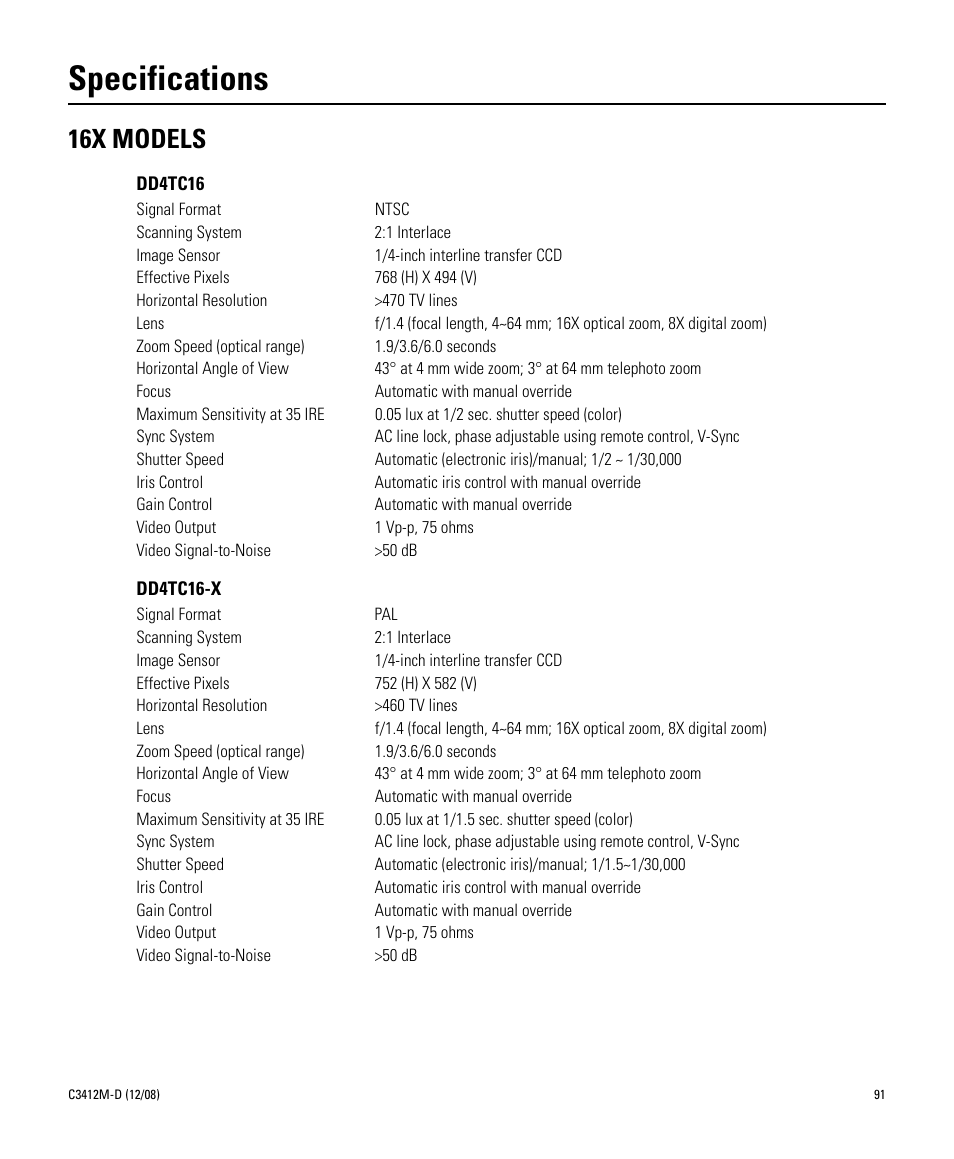Specifications, 16x models | Pelco SPECTRA C3412M-D User Manual | Page 91 / 100