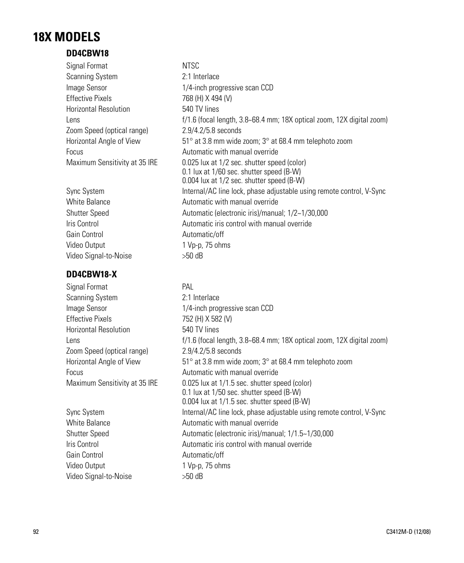 18x models | Pelco SPECTRA C3412M-D User Manual | Page 92 / 100